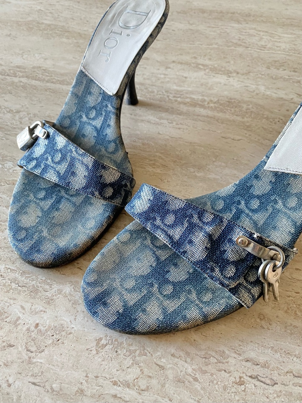 Vintage Dior Trotter Denim Key Lock Sandal Mule Heels - Picture 6 of 10